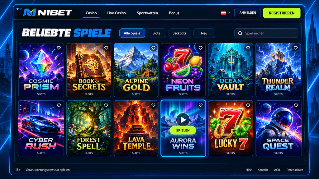 Beliebte Spiele bei N1Bet mit Slots, Jackpots und verschiedenen Casino-Titeln für Spieler in Österreich.