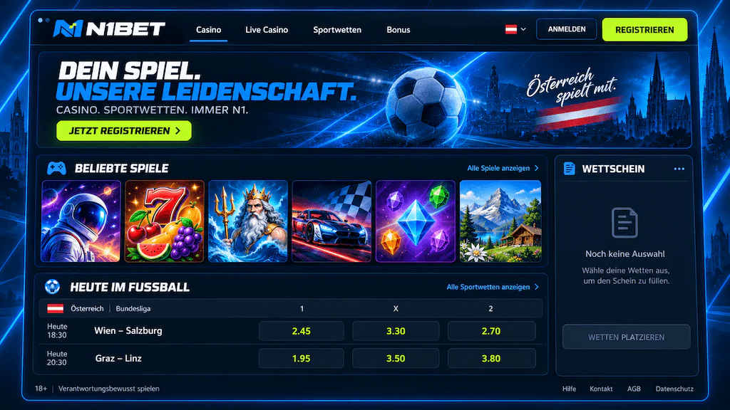 N1Bet Casino und Sportwetten in Österreich mit beliebten Spielen, Fußballmärkten und Wettschein.
