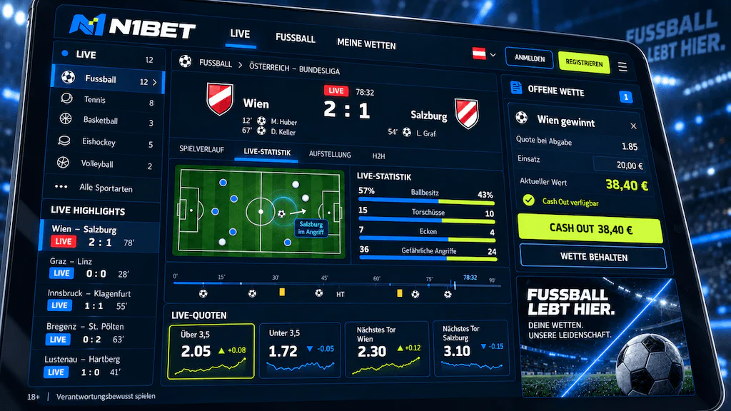 N1Bet Live-Wetten mit dynamischen Fußballquoten, Spielstatistiken und Cash-out-Funktion für Sportwetten in Österreich.