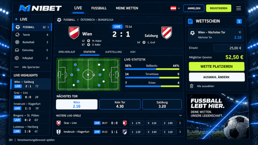 N1Bet Live-Fußballwetten in Österreich mit aktuellen Spielstatistiken, Live-Quoten und Wettschein während eines Bundesliga-Spiels.