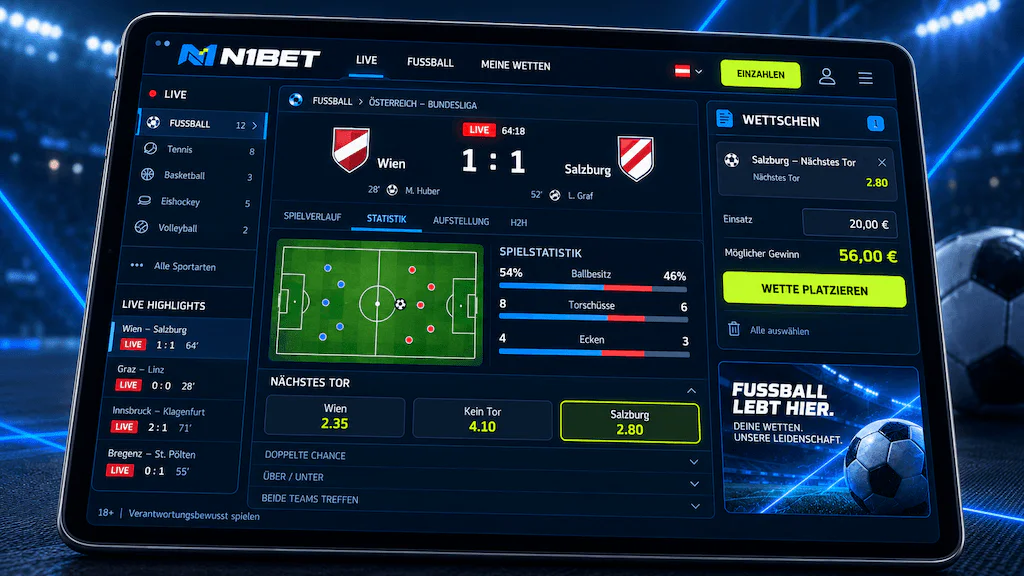 N1Bet Live Sportwetten mit österreichischem Fußball, Live-Statistiken, Quoten und Wettschein.